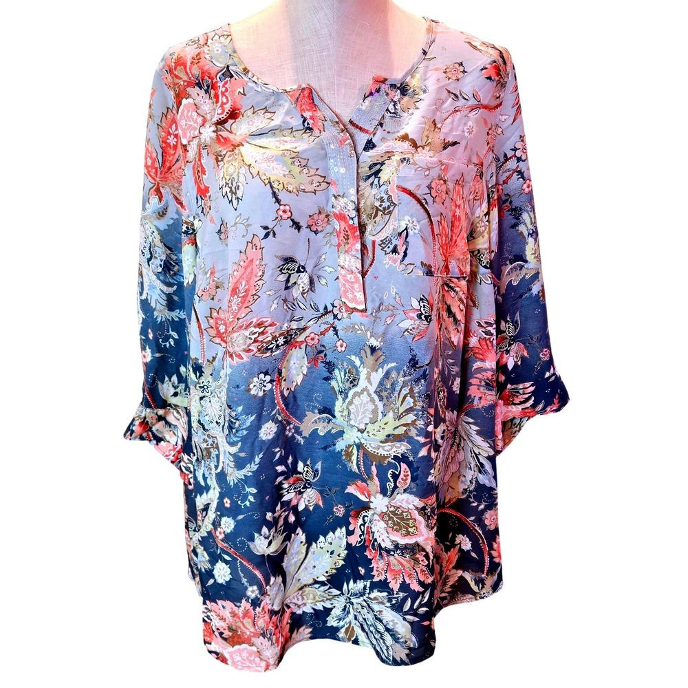 Catherines Womens 0X 14/16W Blue Floral Paisley Sequin Split Neck Tunic Top #410